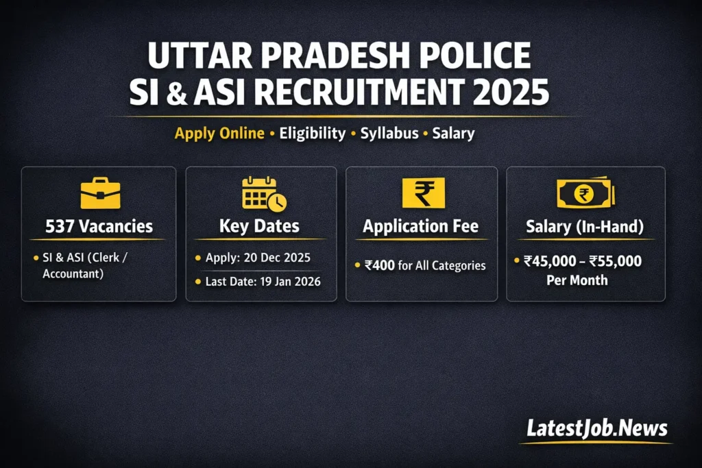 UP Police SI & ASI Vacancy 2025: 537 पदों पर Apply Online शुरू, बिना Physical Test