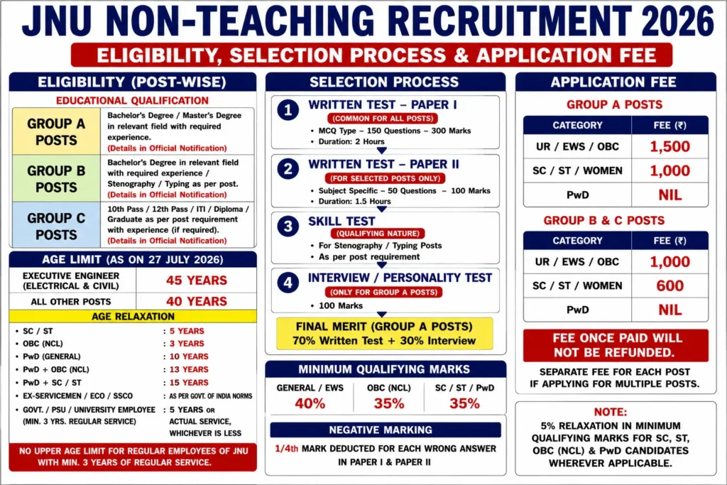 JNU Non-Teaching Recruitment 2026 : Eligibility , Selection Process and Application Fee